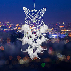Luminous Cat Head Woven Net/Web with Feather Wall Hanging Decoration, Glow in the Dark Wind Chime, with Iron Rings, for Home Offices Ornament, White, 500mm