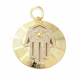Rack Plating Brass Micro Pave Cubic Zirconia Pendants, Cadmium Free & Lead Free, Long-Lasting Plated, Real 18K Gold Plated, Flat Round with Hamsa Hand, Clear, 39x36x3mm, Hole: 7.5x6.6mm