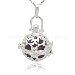 Silver Color Plated Brass Hollow Round Cage Pendants, with No Hole Spray Painted Brass Round Ball Beads, DarkSlate Blue, 36x25x21mm, Hole: 3x8mm
