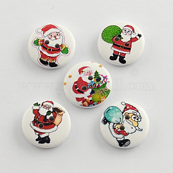 2-Loch-Weihnachten Weihnachtsmann gedruckte Holzknöpfen, Flachrund, Mischfarbe, 20x5 mm, Bohrung: 2 mm
