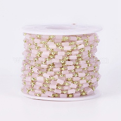 Handmade Glass Beaded Chains, Soldered, with Brass Findings, with Spool, Long-Lasting Plated, Real 18K Gold Plated, Cuboid, Pink, 4.5x2.5~3x2.5~3mm, 2mm, about 32.8 Feet(10m)/roll