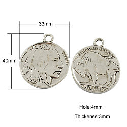 Tibetan Style Alloy Coin Pendants, Flat Round with Indian Head and Buffalo, Cadmium Free & Nickel Free & Lead Free, Antique Silver, 40x33x3mm, Hole: 4mm