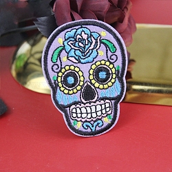 Sugar Skull Computerized Embroidery Style Cloth Iron on/Sew on Patches, Appliques, Badges, for Clothes, Dress, Hat, Jeans, DIY Decorations, for Mexico Day of the Dead, Lavender, 73x54mm