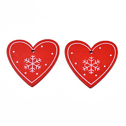 Pendentifs en bois peints à la bombe sur le thème de noël, imprimé sur une seule face, coeur avec flocon de neige, rouge, 48x50x2.5mm, Trou: 2mm