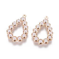 Pendenti di perle di plastica imitazione perla, con accessori di ferro, lacrima, oro chiaro, 29.5x24x5mm, Foro: 1.6 mm