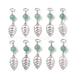 Pendenti della lega di stile tibetano foglia, con perle di avventurina verde naturale e 304 anello di salto in acciaio inossidabile, argento antico, 46x12mm, Foro: 6 mm, 15 pc / set