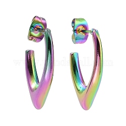 Chapado en iones (ip) color del arco iris 304 aretes en forma de v de acero inoxidable, pendientes de medio aro para mujer, 21.5x13x3mm, pin: 0.9 mm