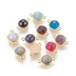 Natural Gemstone Links connectors, with Brass Findings, Faceted, Flat Round, Golden, 15.5x10x6mm, Hole: 1.4mm
