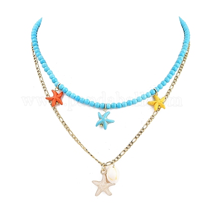 Подвеска из эмали и окрашенной синтетической бирюзы с морскими звездами и натуральными ракушками каури NJEW-JN05466-1