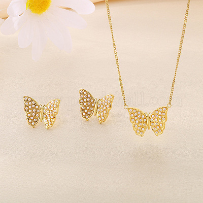 Комплекты ожерелий и серег-гвоздиков с подвесками в виде бабочки из нержавеющей стали 304 с ракушечным жемчугом FS-WGE2DA4-01-1