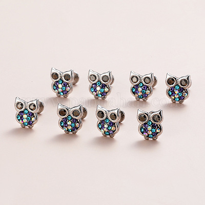 Латунные серьги-гвоздики с микропаве из разноцветных кубических цирконий в форме совы FS-WGE9253-01-1