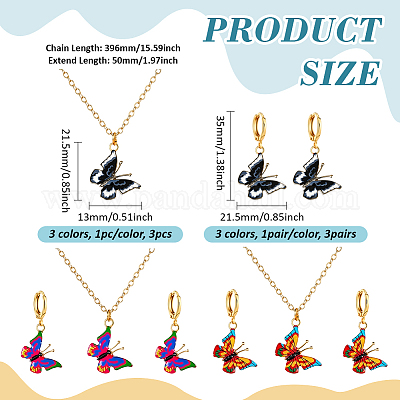 Комплект из 3 цветного ожерелья с подвеской в виде бабочки и серег-колец из эмалевого сплава SJEW-HY0001-03-1