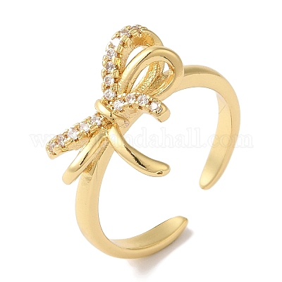Открытые манжеты из латуни с бантом и микро-паве с прозрачным цирконием для женщин RJEW-C098-07G-1