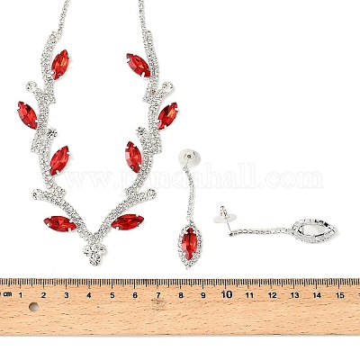 Комплект из висячих серег-гвоздиков и ожерелий с подвесками в виде листьев из латуни и страз для женщин SJEW-M102-03S-01-1