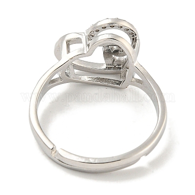 Сердце с буквой стойка покрытие латунь микро паве кубический цирконий регулируемые кольца для женщин RJEW-I105-06P-J-1