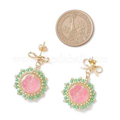 Серьги-гвоздики с подвесками из цветочного стекла EJEW-MZ00522-05-1