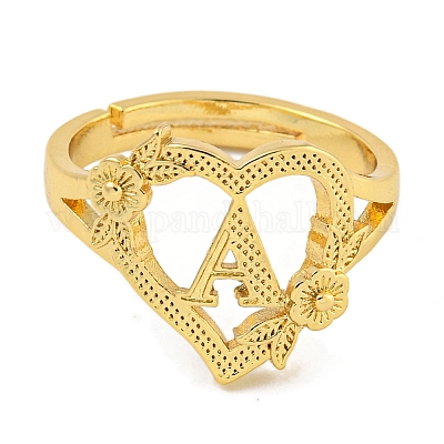 Сердце с буквой и цветком стойка покрытие латунь регулируемые кольца для женщин RJEW-I105-05G-A-1