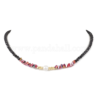 Ожерелья из ракушечного жемчуга и граненых круглых черных стеклянных бусин NJEW-JN05455-1