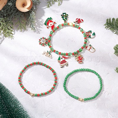 3 комплект браслетов из стеклянных бусин с рождественской тематикой BJEW-JB12442-01-1