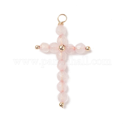 Круглые подвески из медной проволоки с огранкой из натурального розового кварца PALLOY-JF02011-01-1