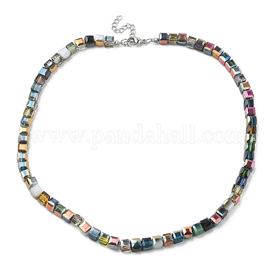 Ожерелье из стеклянных кубических бусин с застежками из нержавеющей стали 304 NJEW-JN04400-1