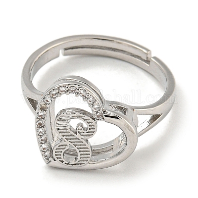 Сердце с буквой стойка покрытие латунь микро паве кубический цирконий регулируемые кольца для женщин RJEW-I105-06P-S-1