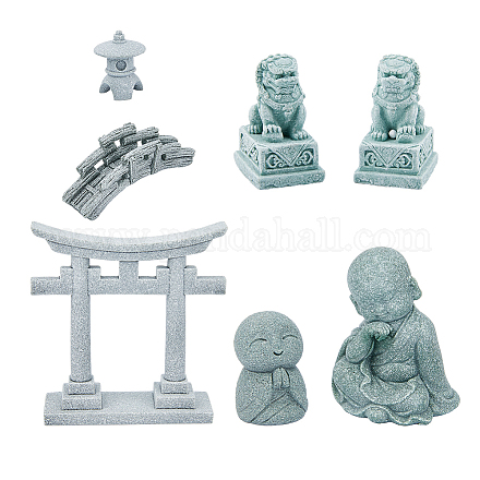 Superfindings 7 Uds. 7 estilos mini puente de piedra arenisca y puerta torii de resina/león/buda ksitigarbha/monjes DJEW-FH0001-23-1