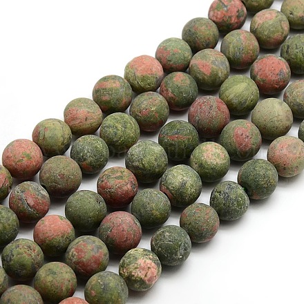 Natural Frosted Unakite Round Bead Strands G-M064-14mm-06-1
