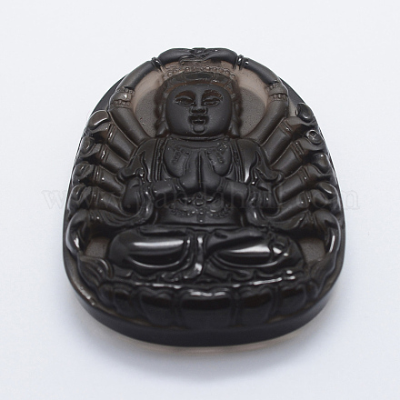 Geschnitzte natürliche Obsidian Guan Yin große Anhänger G-E428-10-1