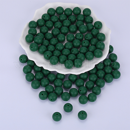 丸いシリコン焦点ビーズ  チーターのための咀嚼ビーズ  DIYの看護ネックレス用  濃い緑  15mm  穴：2mm SI-JX0046A-127-1