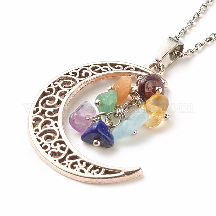 Natural Mixed Gemstone Chips Cluster with Moon Pendant Necklace NJEW-JN03867-1