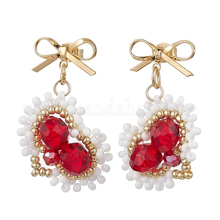 Серьги-гвоздики в форме сердца из стеклянных бусин ручной работы EJEW-MZ00291-02-1