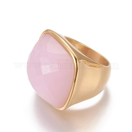 イオンプレーティング（ip）304ステンレスフィンガー指輪  ファセットガラス付き  ゴールドカラー  ピンク  サイズ6~9  16~19mm RJEW-E157-35G-01-1