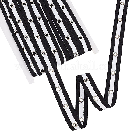 フラットナイロンストライプリボン、シルバーカラーメッキアイレット付き  衣料品用  ブラック  ホワイト  3/4インチ（19mm） OCOR-WH0082-68-1