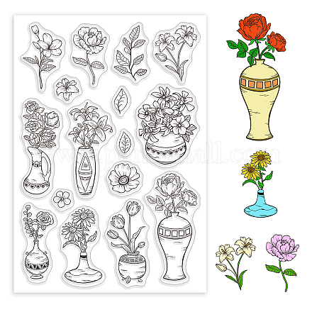 GLOBLELAND Vintage Flower Vase Clear Stamps Leaves Flower Branches Silicone Clear Stamp Plant Theme Seals for DIY Scrapbooking Journals Decorative Cards Making Photo Album DIY Craft DIY-WH0167-57-0492-1