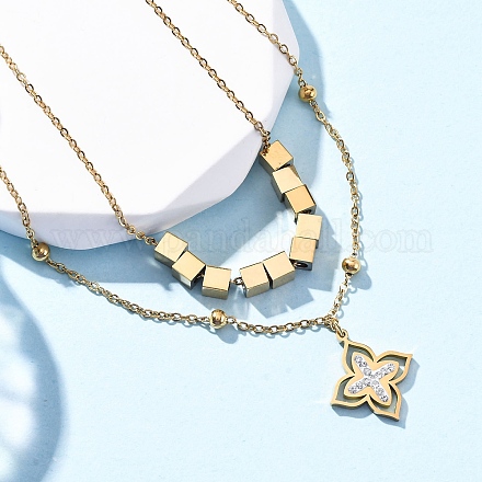 Двухслойные ожерелья из нержавеющей стали 304 с подвеской в виде цветка и кристаллами горного хрусталя NJEW-R026-07G-1