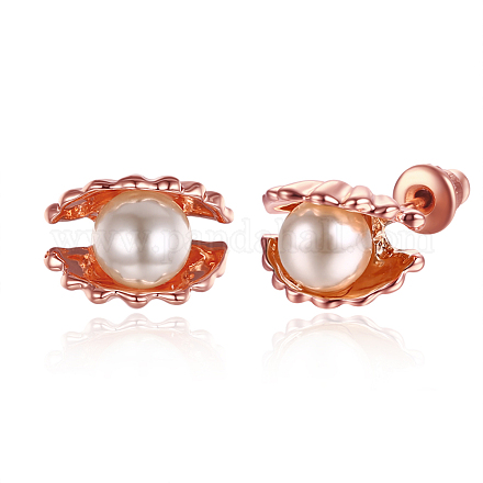 Shell Shape Tin Alloy and Round Imitation Pearl Stud Earrings EJEW-BB16330-1