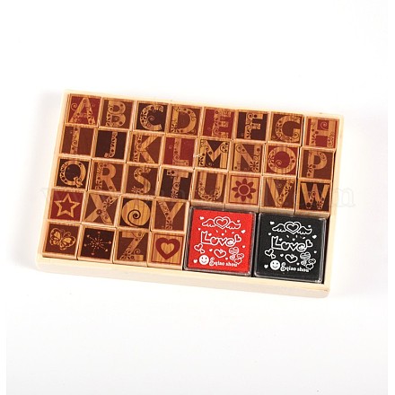派手なmajusculeアルファベット木製スタンプセット  DIYスクラップブック用  11x17x3cm  約32個/箱 X-AJEW-E008-10-1