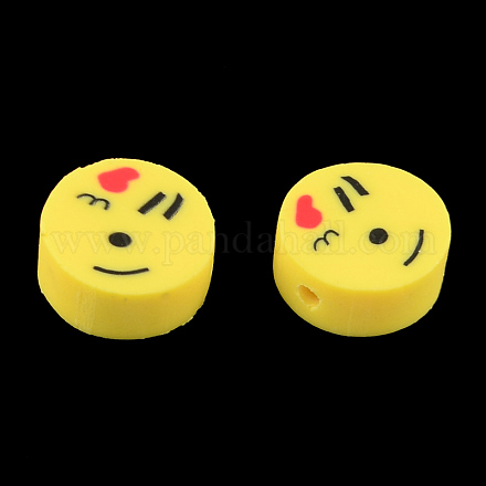 Flat Round Handmade Smile Face Polymer Clay Beads CLAY-R061-06-1