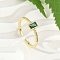 Brass Micro Pave Cubic Zirconia Cuff Rings, Cadmium Free & Nickel Free & Lead Free, Rectangle Glass Open Rings, Real 18K Gold Plated, Green, Inner Diameter: 18mm, Rectangle: 6x4mm