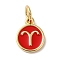 Real 18K Gold Plated Brass Enamel Charms, with Jump Ring, Long-Lasting Plated, Lead Free & Cadmium Free, Flat Round with Aries Charms, Red, 10x8x1mm, Hole: 4mm