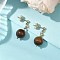 Natural Tiger Eye Round Beads & 304 Stainless Steel Components Dangle Earrings for Women, Golden, 24.5x28mm