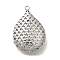 Brass Pendants, Teardrop, Hollow, Platinum, 44x29.5x13.5mm, Hole: 2mm