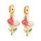 Rack Plating Alloy Enamel Flower European Dangle Charms, Large Hole Pendants with ABS Plastic Imitation Pearl Beads, Golden, Cadmium Free & Nickel Free & Lead Free, Cerise, 29mm, Hole: 4.6mm, Flower: 19x11.5x4mm