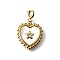 Heart with Star 304 Stainless Steel Rhinestone Pendant Decorations, with White Shell and Spring Ring Clasps, Ion Plating(IP), Real 18K Gold Plated, 23mm
