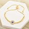 Brass Micro Pave Cubic Zirconia Slider Bracelets for Women, Boho Bracelet with Enamel, Flat Round Boho Bracelet with Evil Eye, Blue, 8-1/2 inch(21.5cm)