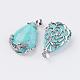 Teardrop with Flower Platinum Plated Brass Dyed Synthetic Turquoise Pendants G-F228-37L-RS-3