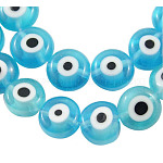 Perles vernissées manuelles, mauvais œil, plat rond, cyan, environ 8 mm de diamètre, épaisseur de 4mm, Trou: 1mm, Environ 50 pcs/chapelet