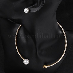 Круглые пластиковые серьги-гвоздики с имитацией жемчуга и колье-чокер с сердечками из кубического циркония и стразами SJEW-U003-08G