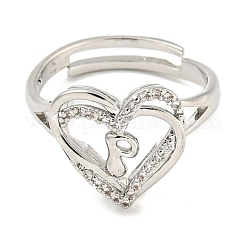 Регулируемые кольца из латуни с микро-паве в форме сердца и стойки для писем для женщин с прозрачным фианитом RJEW-I105-01P-P